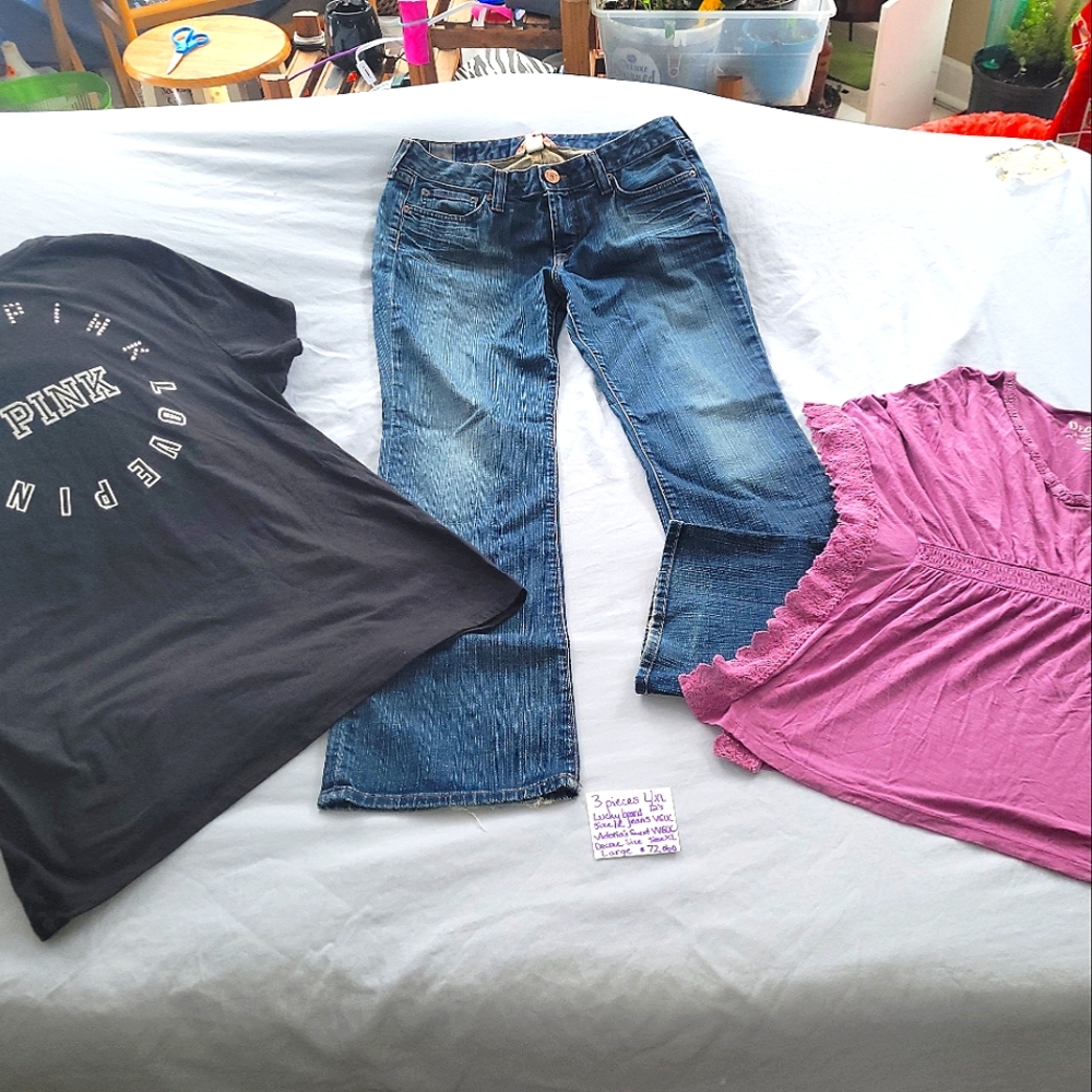 3 piece outfit deal Victoria's secret, lucky brand jeans and decree size large